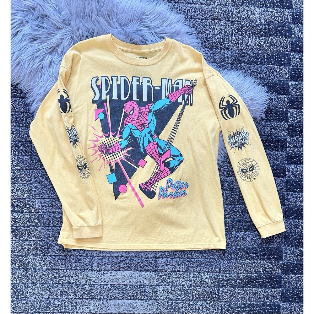 Spider-Man Peter Parker Marvel Mens Graphic T-Shirt Yellow Long Sleeve XL
